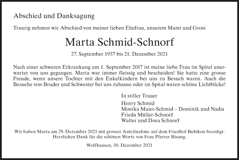  Traueranzeige für Marta Schmid-Schnorf vom 05.01.2022 aus AvU