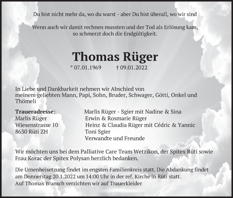  Traueranzeige für Thomas Rüger vom 12.01.2022 aus AvU