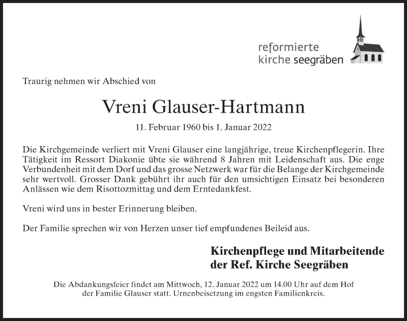  Traueranzeige für Vreni Glauser-Hartmann vom 07.01.2022 aus AvU