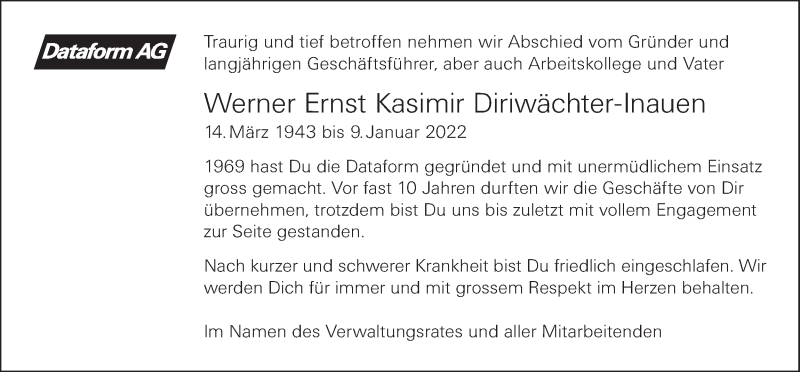 Traueranzeige für Werner Ernst Kasimir Diriwächter-Inauen vom 19.01.2022 aus AvU