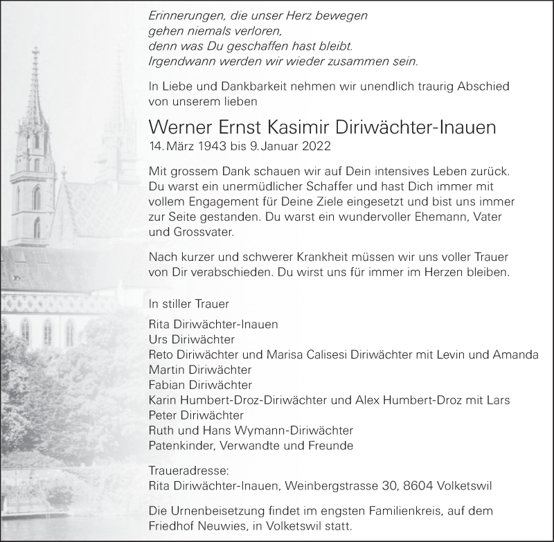  Traueranzeige für Werner Ernst Kasimir Diriwächter-Inauen vom 15.01.2022 aus AvU