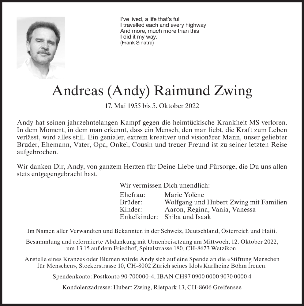  Traueranzeige für Andreas Raimund Zwing vom 08.10.2022 aus AvU