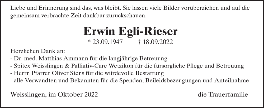  Traueranzeige für Erwin Egli-Rieser vom 19.10.2022 aus AvU
