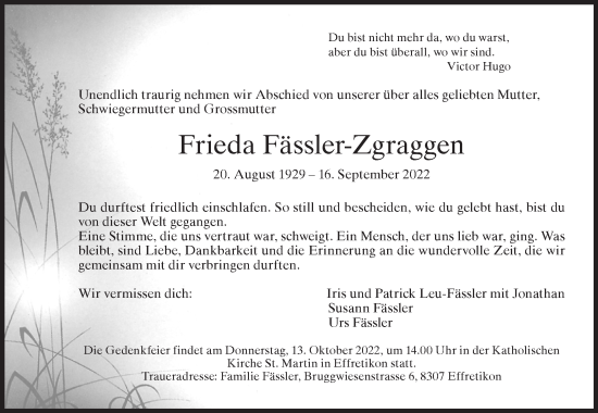 Traueranzeige von Frieda Fässler-Zgraggen von reg_5