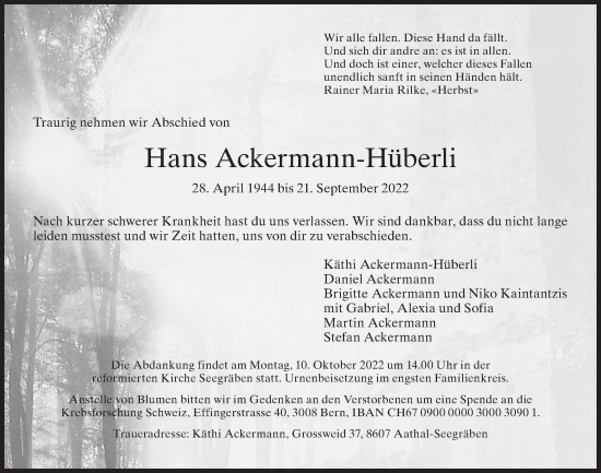 Traueranzeige von Hans Ackermann-Hüberli von AvU