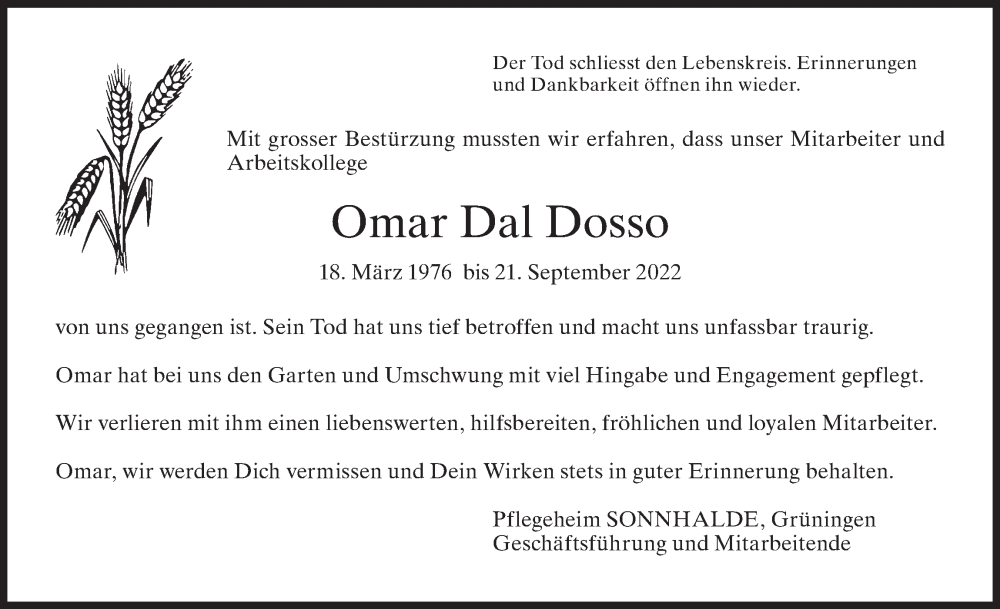  Traueranzeige für Omar  Dal Dosso vom 05.10.2022 aus AvU