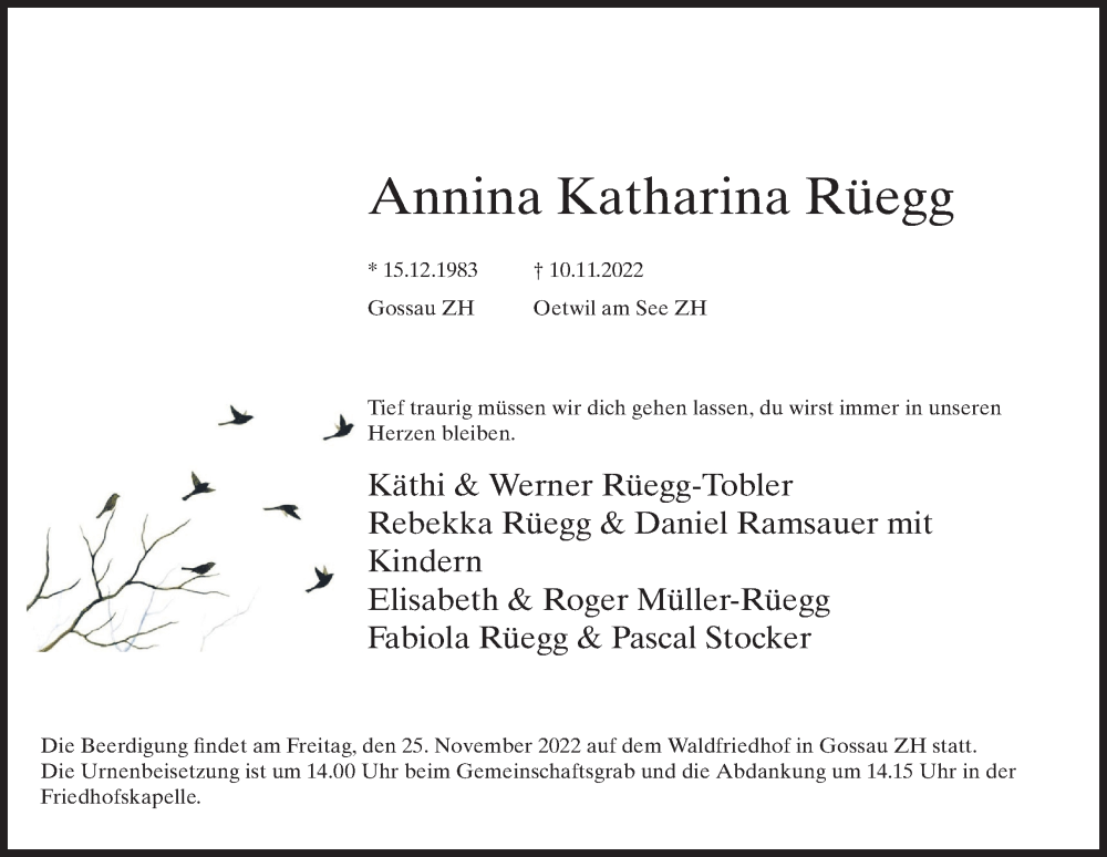  Traueranzeige für Annina Katharina Rüegg vom 17.11.2022 aus AvU