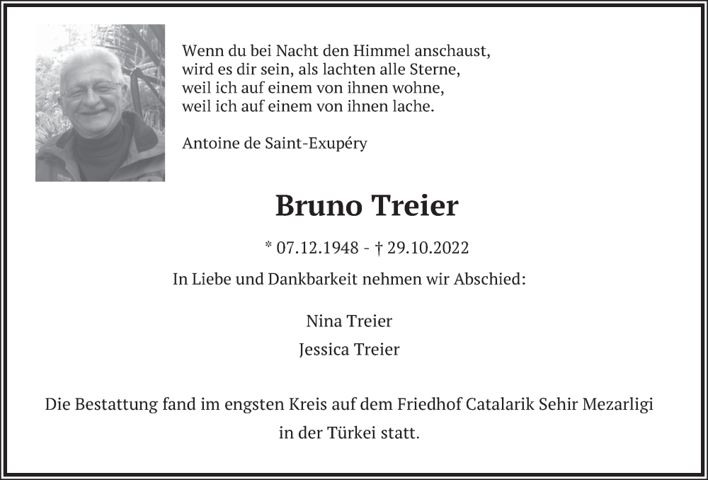  Traueranzeige für Bruno Treier vom 23.11.2022 aus AvU
