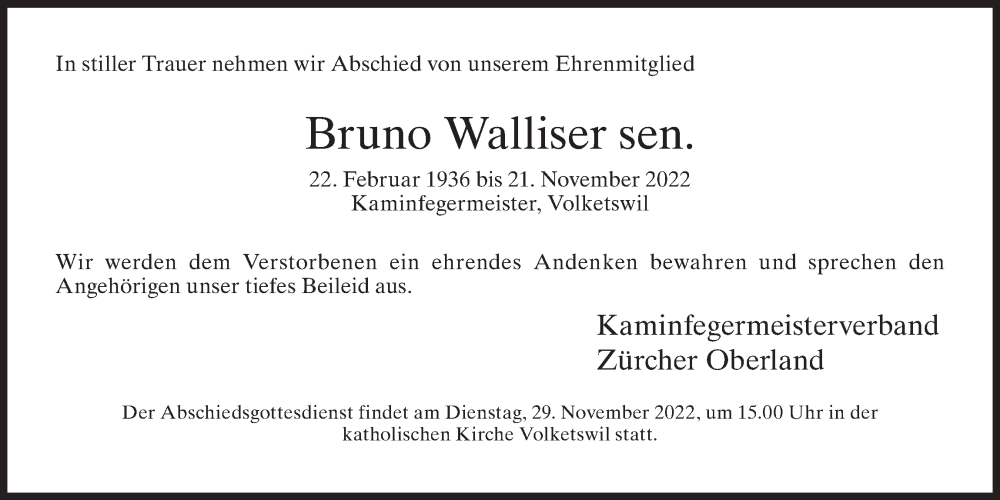 Traueranzeige für Bruno Walliser vom 29.11.2022 aus AvU