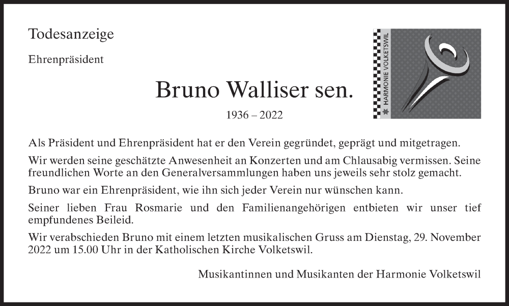  Traueranzeige für Bruno Walliser vom 23.11.2022 aus AvU