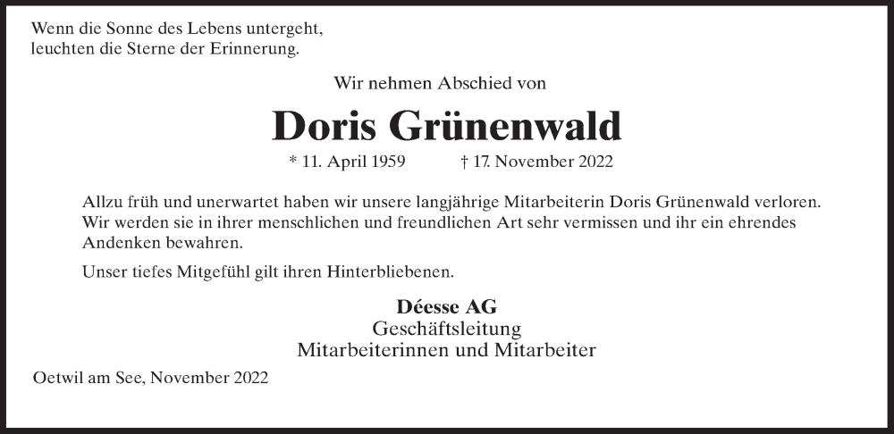  Traueranzeige für Doris Grünenwald vom 24.11.2022 aus AvU