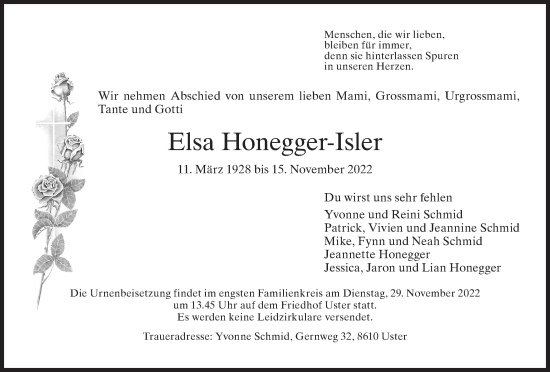 Traueranzeige von Elsa Honegger-Isler von AvU