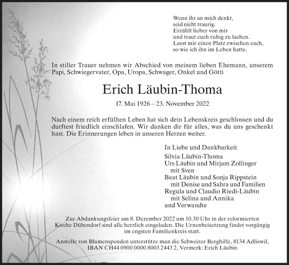 Traueranzeige für Erich Läubin-Thoma vom 30.11.2022 aus AvU
