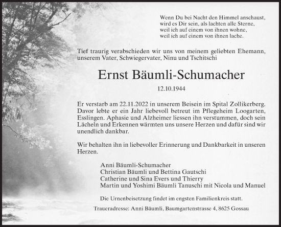 Traueranzeige von Ernst Bäumli-Schumacher von AvU
