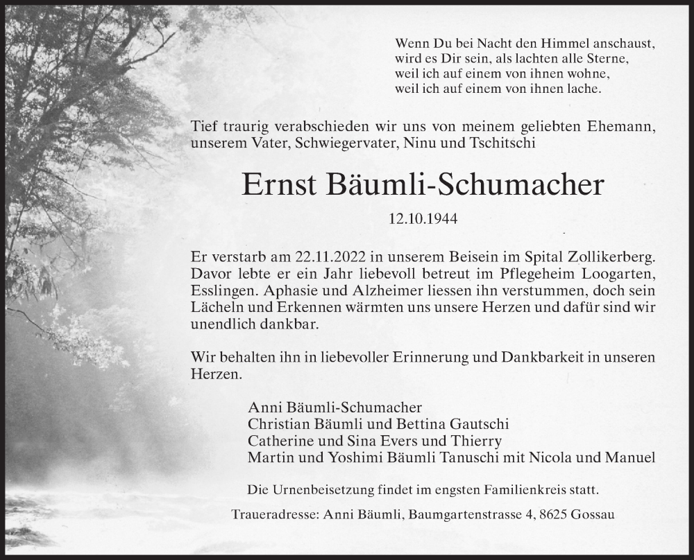  Traueranzeige für Ernst Bäumli-Schumacher vom 30.11.2022 aus AvU