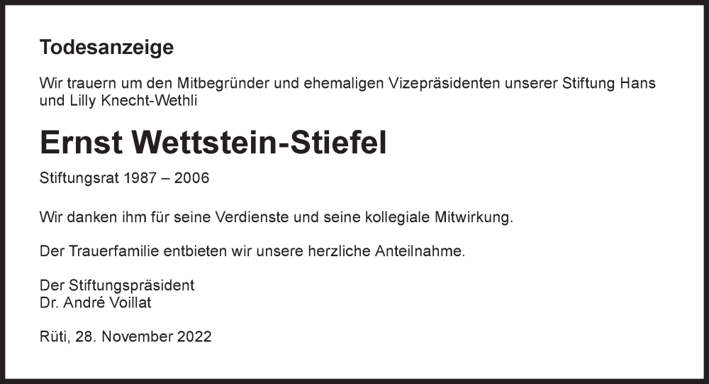  Traueranzeige für Ernst Wettstein-Stiefel vom 30.11.2022 aus AvU