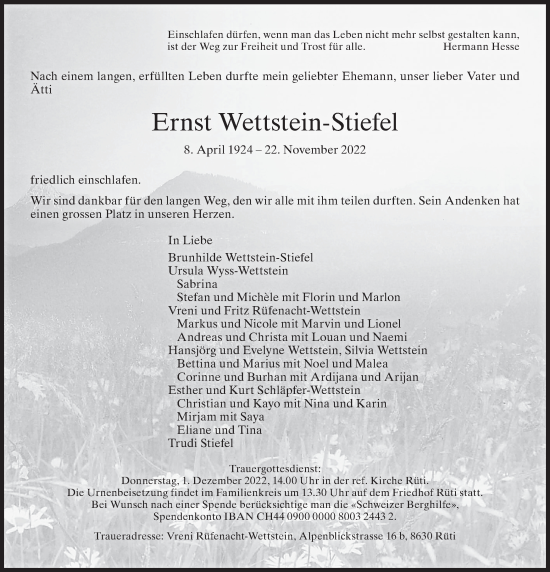 Traueranzeige von Ernst Wettstein-Stiefel von AvU