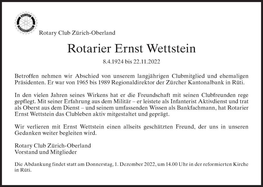 Traueranzeige für Ernst Wettstein vom 26.11.2022 aus AvU