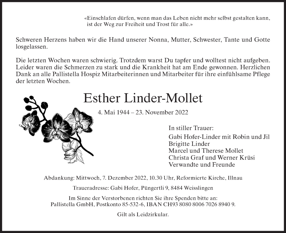  Traueranzeige für Esther Linder-Mollet vom 30.11.2022 aus AvU