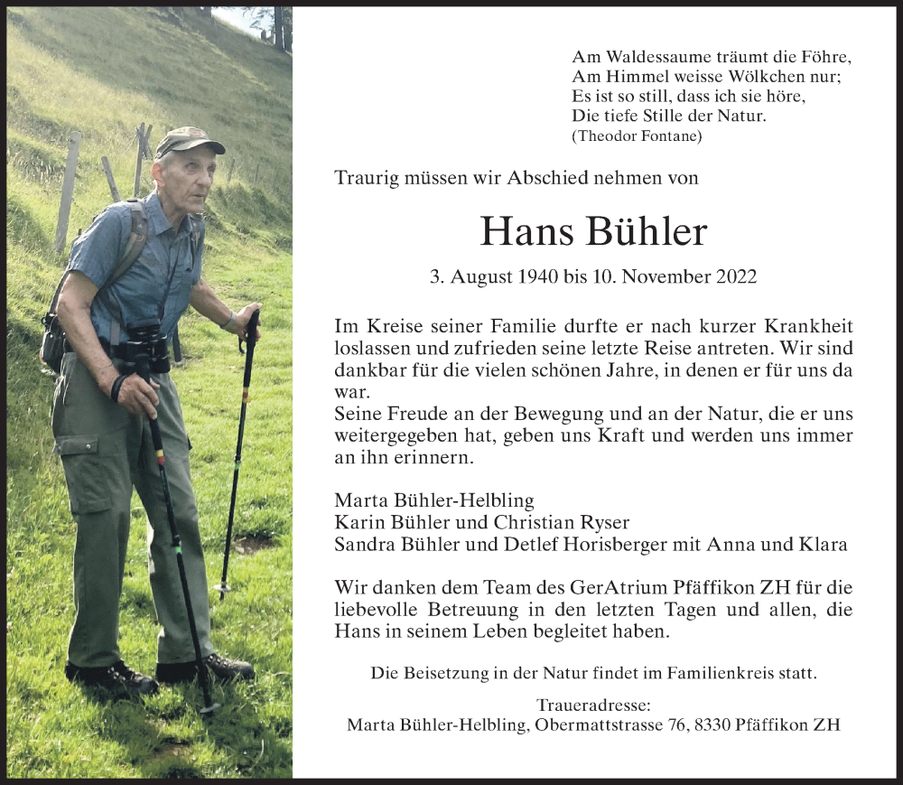  Traueranzeige für Hans Bühler vom 16.11.2022 aus AvU