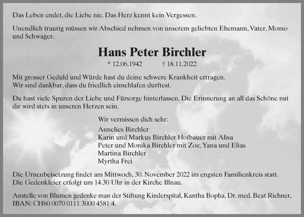  Traueranzeige für Hans Peter Birchler vom 24.11.2022 aus reg_5