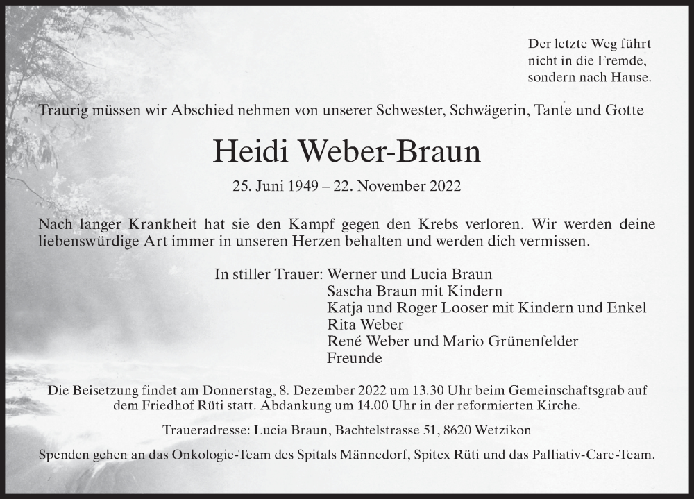  Traueranzeige für Heidi Weber-Braun vom 30.11.2022 aus AvU