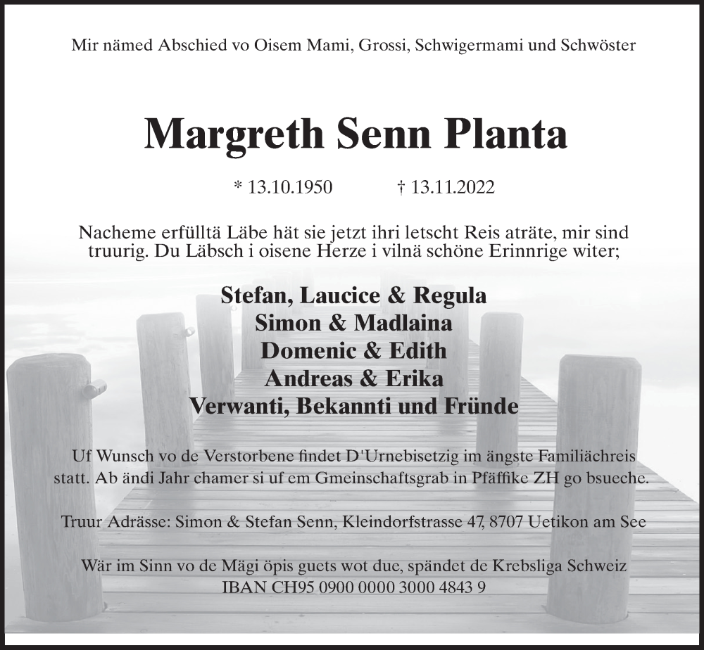  Traueranzeige für Margreth Senn Planta vom 23.11.2022 aus AvU