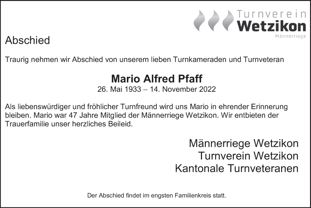  Traueranzeige für Mario Alfred Pfaff vom 25.11.2022 aus AvU