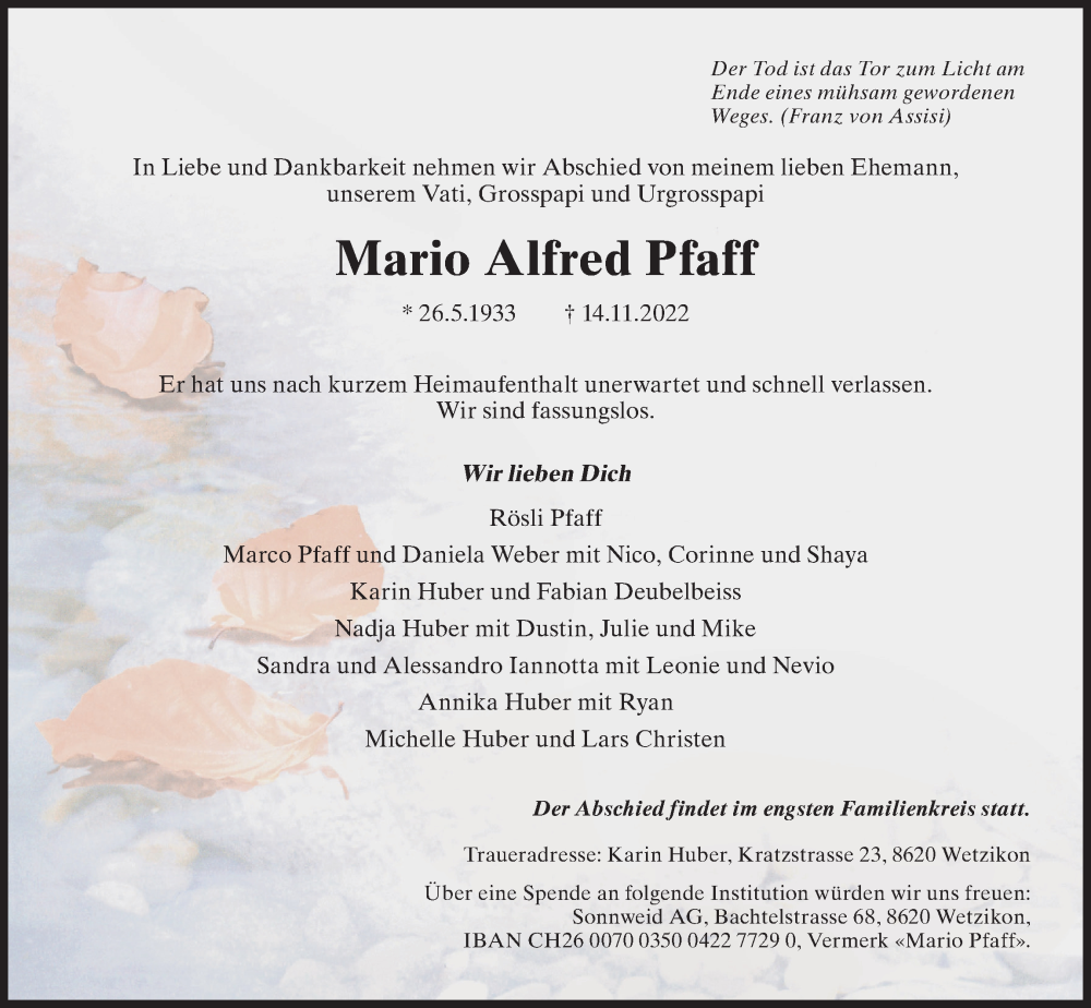  Traueranzeige für Mario Alfred Pfaff vom 23.11.2022 aus AvU