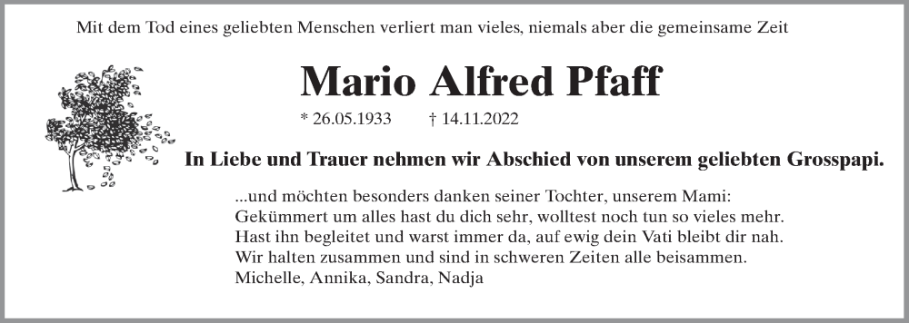  Traueranzeige für Mario Alfred Pfaff vom 23.11.2022 aus AvU