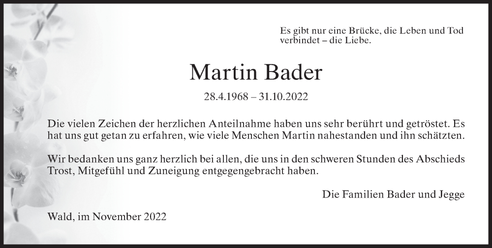  Traueranzeige für Martin Bader vom 18.11.2022 aus AvU