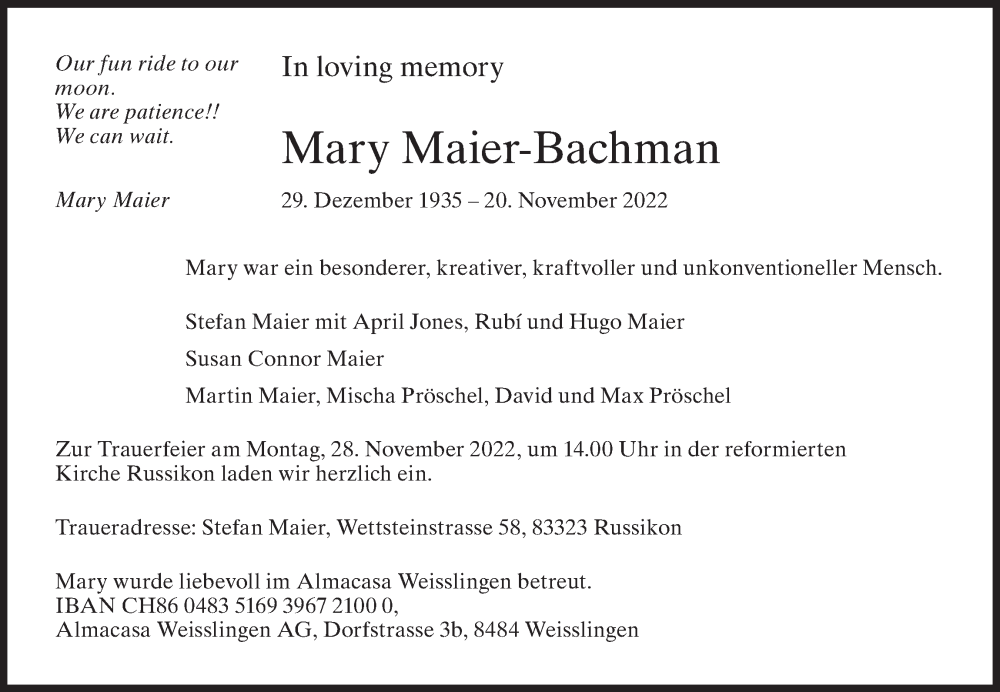 Traueranzeige für Mary Maier-Bachman vom 23.11.2022 aus AvU