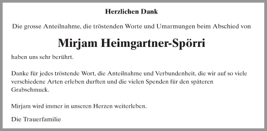 Traueranzeige von Mirjam Heimgartner-Spörri von AvU
