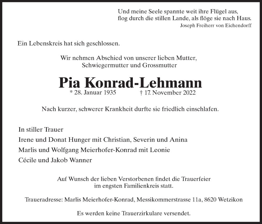  Traueranzeige für Pia Konrad-Lehmann vom 23.11.2022 aus AvU