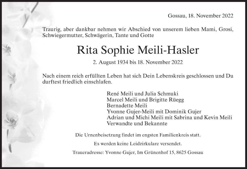  Traueranzeige für Rita Sophie Meili-Hasler vom 23.11.2022 aus AvU