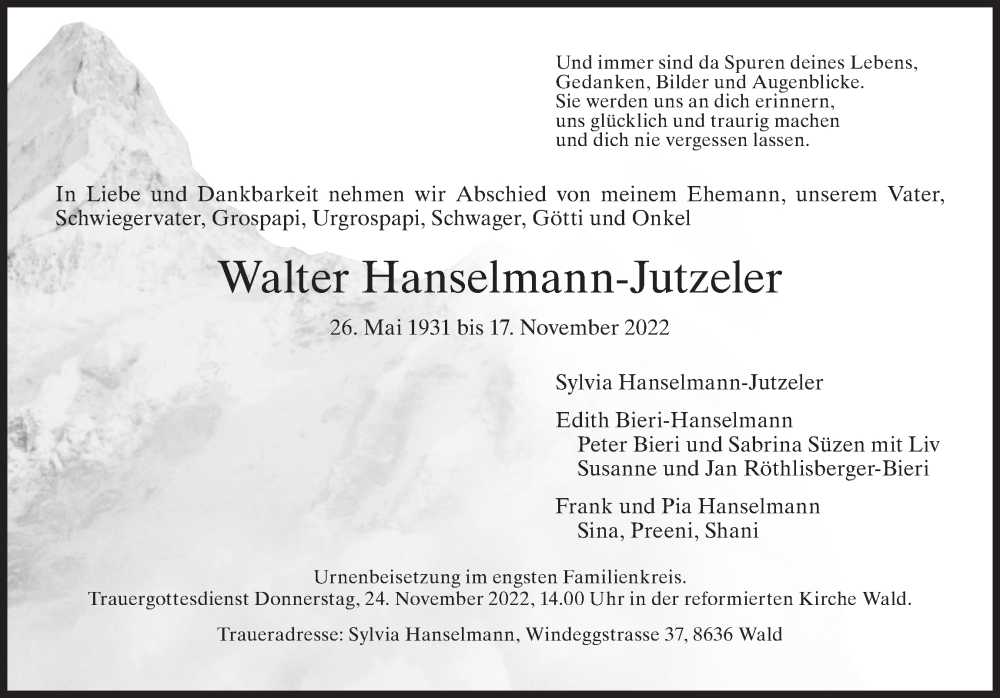  Traueranzeige für Walter Hanselmann-Jutzeler vom 23.11.2022 aus AvU