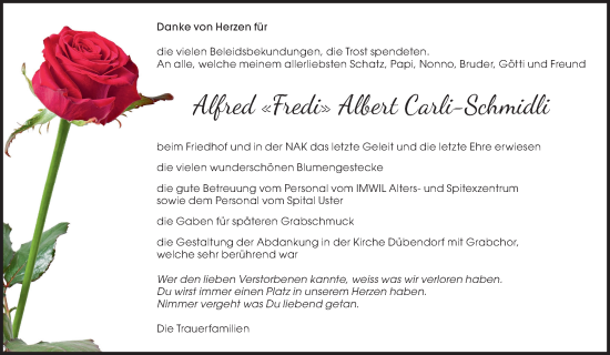 Traueranzeige von Alfred Albert  Carli-Schmidli von VO solo