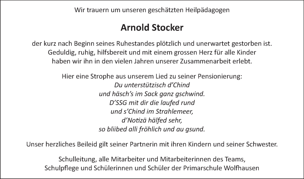  Traueranzeige für Arnold Stocker vom 14.12.2022 aus AvU