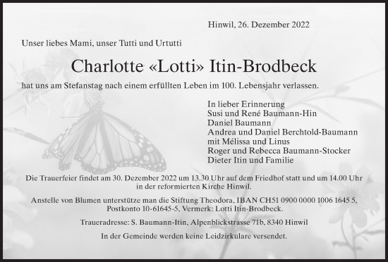 Traueranzeige von Charlotte Itin-Brodbeck von AvU