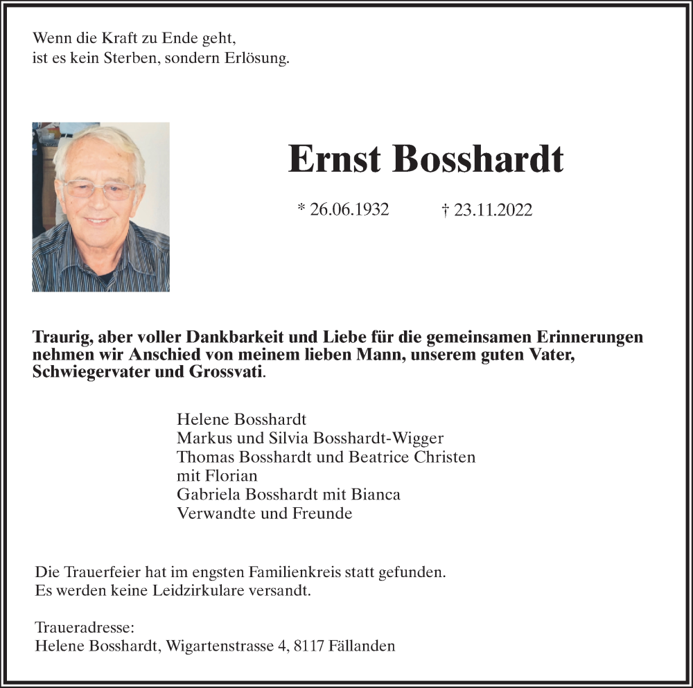  Traueranzeige für Ernst Bosshardt vom 07.12.2022 aus AvU