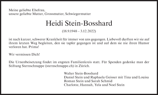 Traueranzeige von Heidi Stein-Bosshard von VO solo