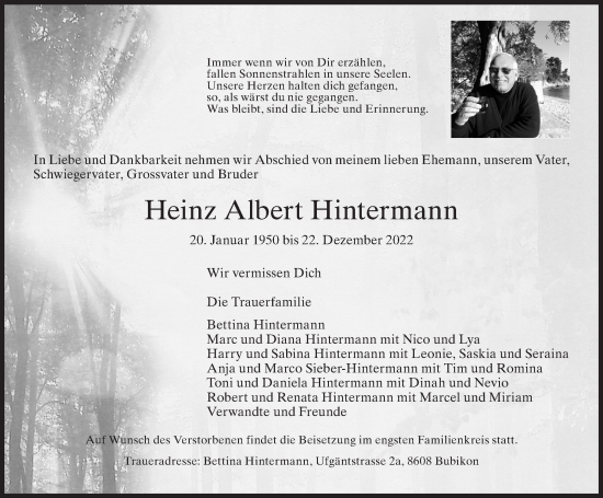 Traueranzeige von Heinz Albert Hintermann von AvU