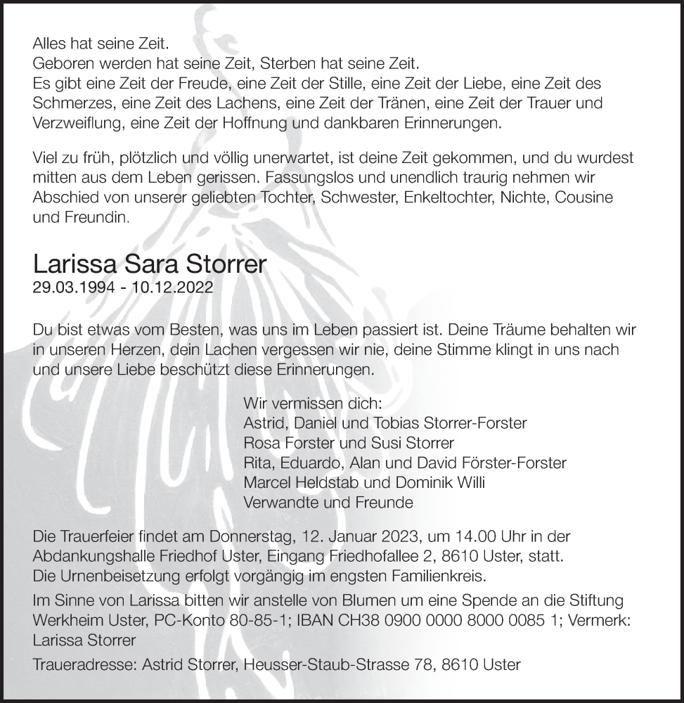  Traueranzeige für Larissa Sara Storrer vom 21.12.2022 aus AvU