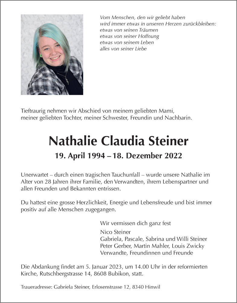  Traueranzeige für Nathalie Claudia Steiner vom 28.12.2022 aus AvU