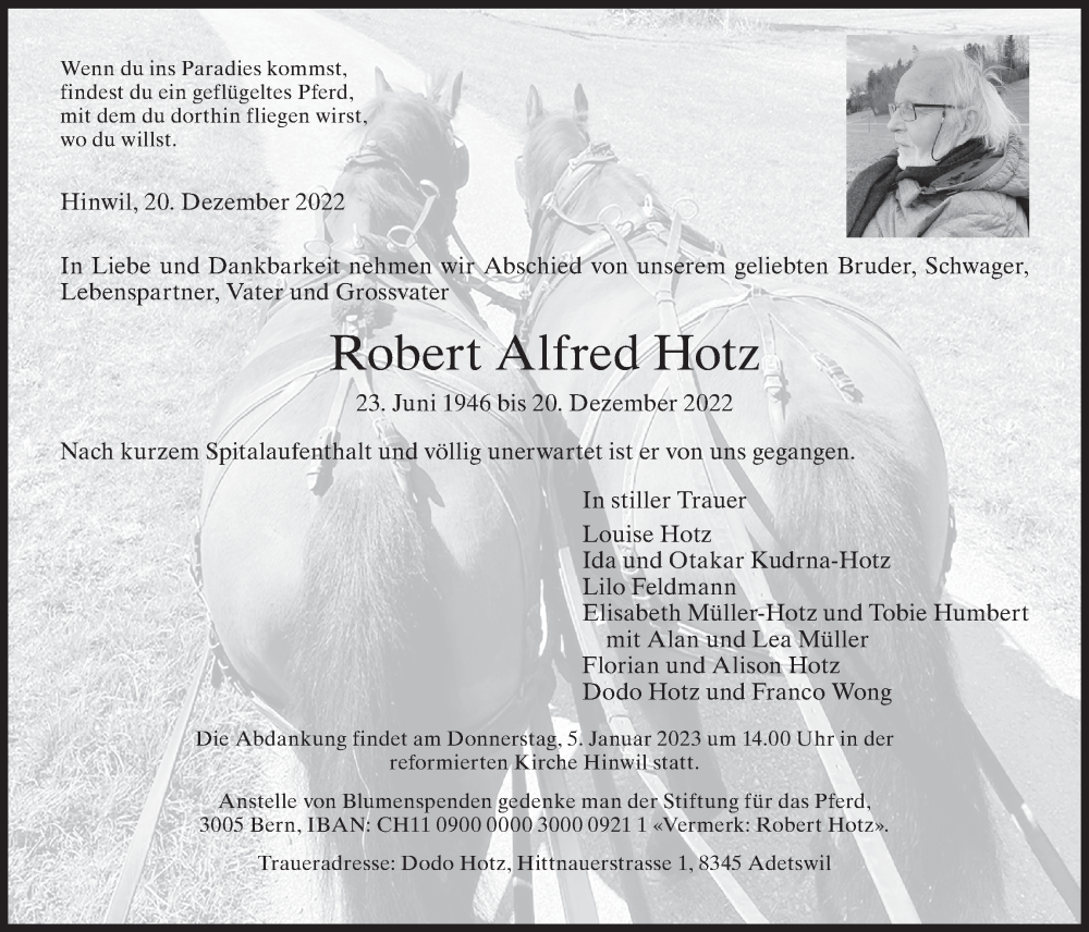  Traueranzeige für Robert Alfred Hotz vom 28.12.2022 aus AvU