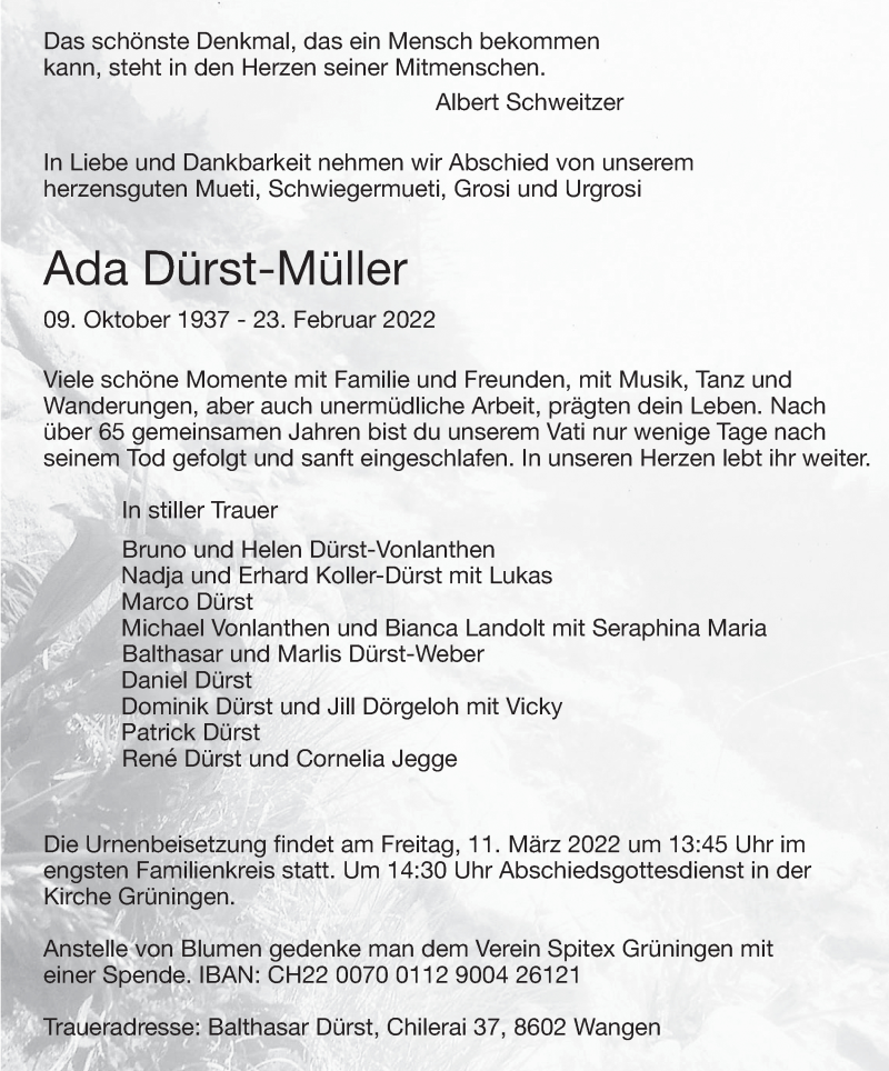  Traueranzeige für Ada Dürst-Müller vom 28.02.2022 aus AvU