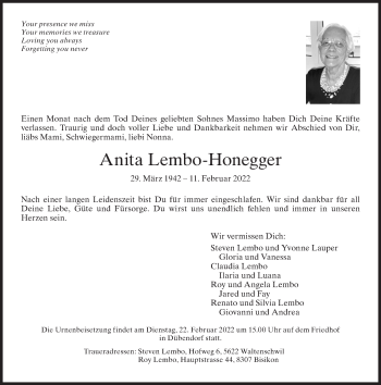 Traueranzeige von Anita Lembo-Honegger von VO solo