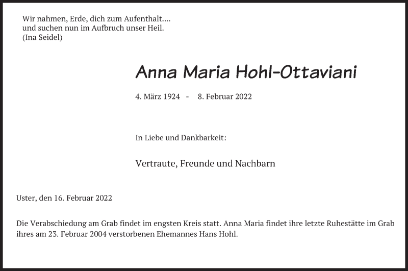  Traueranzeige für Anna Maria Hohl-Ottaviani vom 16.02.2022 aus AvU