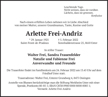 Traueranzeige von Arlette Frei-Andriz von AvU