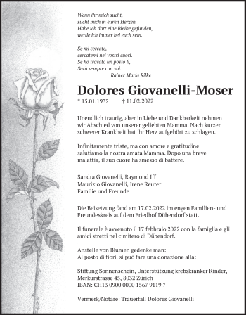 Traueranzeige von Dolores Giovanelli-Moser von VO solo